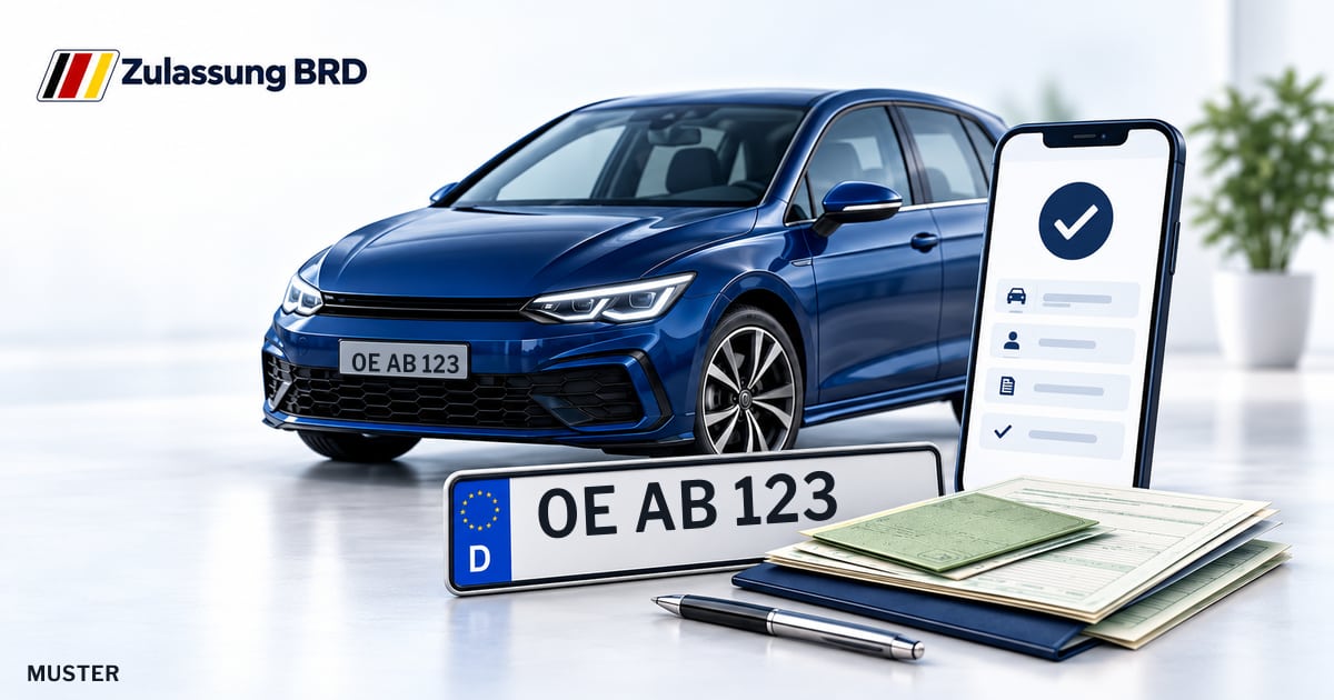 Online Fahrzeugzulassung in Kirchhundem: Musterkennzeichen OE AB 123, Auto und Fahrzeugpapiere und Smartphone. Illustration mit Logo von Zulassung BRD.